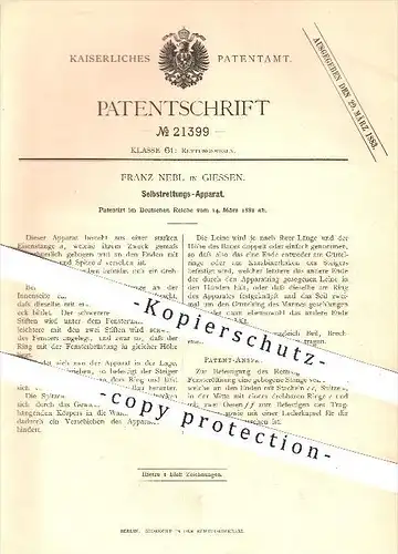 original Patent - Franz Nebl , Giessen , 1882, Apparat zur Selbstrettung , Rettung , Rettungswesen , Feuerwehr , Fenster