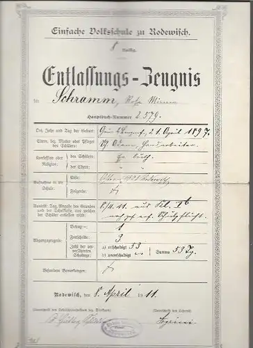 Zeugnis von Rosa Schramm in Rodewisch i. Sachsen , 1911 , Schule , Volksschule !!!