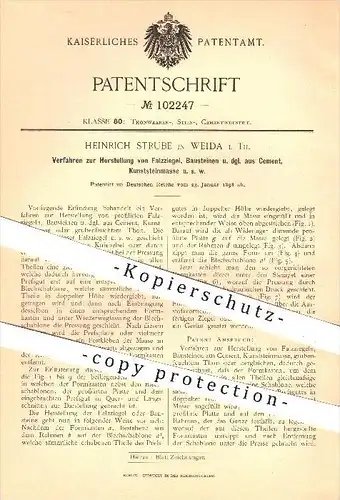 original Patent - Heinrich Strube in Weida , 1898 , Falzziegel , Ziegel , Bausteine , Steine aus Zement , Ziegelei !!!