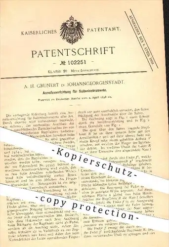 original Patent - A. H. Grunert , Johanngeorgenstadt , 1898 , Anreißvorrichtung für Saiteninstrumente , Musikinstrumente