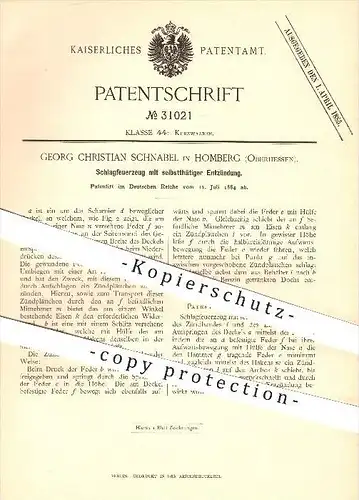 original Patent - Georg Christian Schnabel in Homberg , 1884 , Schlagfeuerzeug mit selbsttätiger Entzündung , Feuerzeug