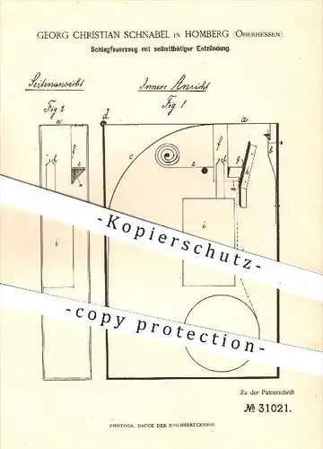 original Patent - Georg Christian Schnabel in Homberg , 1884 , Schlagfeuerzeug mit selbsttätiger Entzündung , Feuerzeug