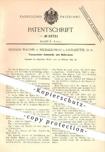 original Patent - Richard Wagner , Michalkowitz , Laurahütte , 1895 , Sicherheits- oder Wetterdamm , Bergbau !!