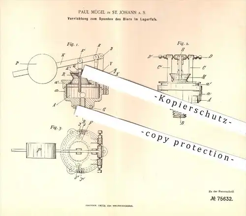 original Patent - Paul Mügel in St. Johann , 1893 , Spunden des Biers im Lagerfass , Bier , Brauerei , Brauen !!!