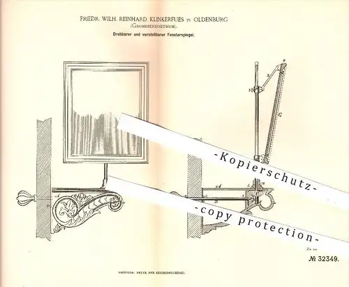 original Patent - F. W. Reinhard Klinkerfues , Oldenburg , 1884 , Drehbarer u. verstellbarer Fensterspiegel , Spiegel !!