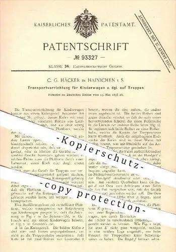 original Patent - C. G. Häcker in Hainichen , 1896 , Transportvorrichtung für Kinderwagen auf Treppen , Kufen , Wagen !