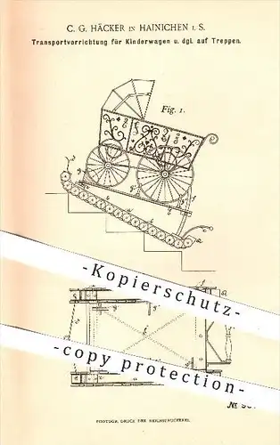 original Patent - C. G. Häcker in Hainichen , 1896 , Transportvorrichtung für Kinderwagen auf Treppen , Kufen , Wagen !