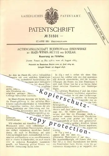 original Patent - AG Buderus'sche Eisenwerke zu Main - Weser - Hütte b. Lollar , 1884 , Füllofen , Ofen , Öfen , Buderus