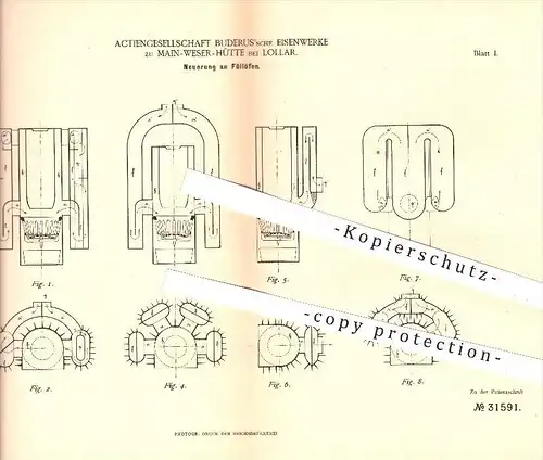 original Patent - AG Buderus'sche Eisenwerke zu Main - Weser - Hütte b. Lollar , 1884 , Füllofen , Ofen , Öfen , Buderus