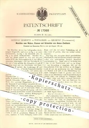 original Patent - Gustav Baruch , Podgorzke , Krakau , 1881 , Walzen , Stanzen , Schneiden von Armee - Zwieback , Bäcker