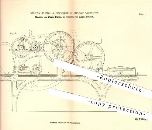 original Patent - Gustav Baruch , Podgorzke , Krakau , 1881 , Walzen , Stanzen , Schneiden von Armee - Zwieback , Bäcker