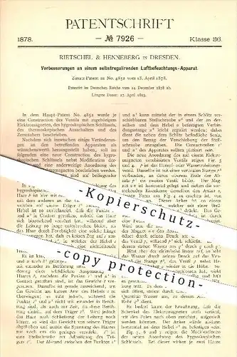 original Patent - Rietschel & Henneberg , Dresden , 1878, selbstregulierende Luftbefeuchtung , Heizungsanlagen , Heizung