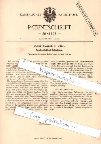 Original Patent - Josef Skarek in Wien , 1888 , Taschenuhrbügel-Befestigung !!!