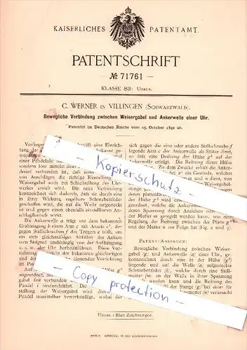 Original Patent - C. Werner in Villingen , Schwarzwald , 1892 , Uhren  !!!