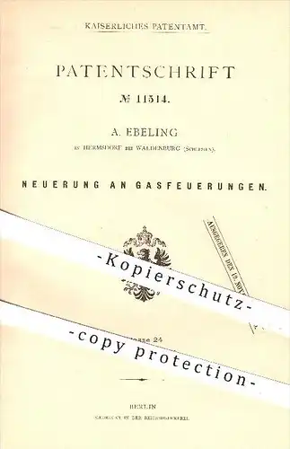 original Patent - A. Eberling in Hermsdorf bei Waldenburg , Schlesien , 1879 , Gasfeuerung , Gas , Ofen , Öfen , Ofenbau