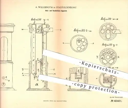 original Patent - A. Willgeroth , Stadtoldendorf , 1888 , Heiz- und Ventilations-Apparat , Ventilator , Heizung , Heizen