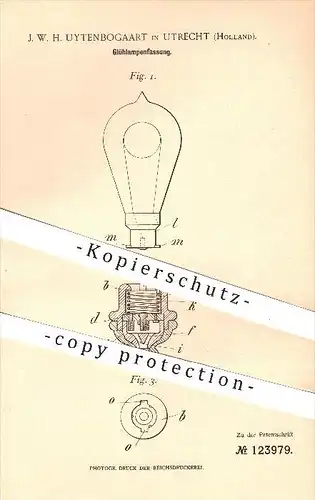 original Patent - J. W. H. Uytenbogaart in Utrecht , Holland , 1901 , Glühlampenfassung , Glühlampen , Lampe , Lampen !!