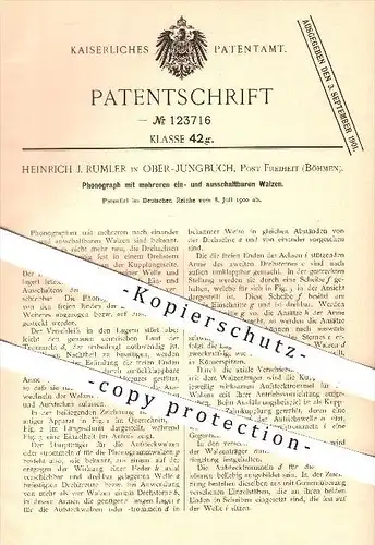 original Patent - H. J. Rumler , Ober - Jungbuch , Post Freiheit , Böhmen , 1900 , Phonograph mit mehreren Walzen