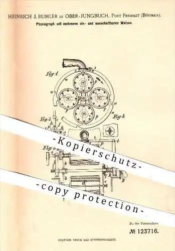 original Patent - H. J. Rumler , Ober - Jungbuch , Post Freiheit , Böhmen , 1900 , Phonograph mit mehreren Walzen