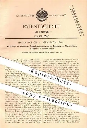 original Patent - Hugo Hoesch in Grensbach , 1901 , Erzeugung von Wasserzeichen in dünnem Papier , Papierfabrik !!!