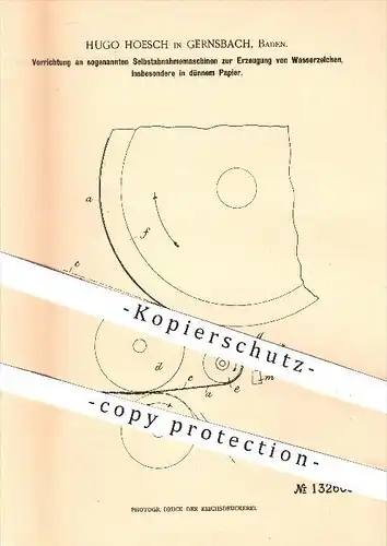 original Patent - Hugo Hoesch in Grensbach , 1901 , Erzeugung von Wasserzeichen in dünnem Papier , Papierfabrik !!!