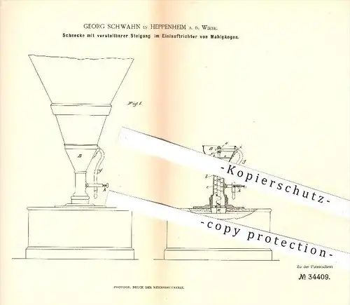 original Patent - Georg Schwahn in Heppenheim a. d. Wiese , 1885 , Schnecke im Einlauftrichter von Mahlgängen , Mühlen