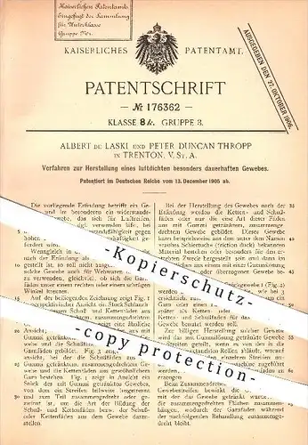 original Patent - Albert de Laski & Peter Duncan Thropp in Trenton , USA , 1905 , Herstellung von luftdichtem Gewebe !!!