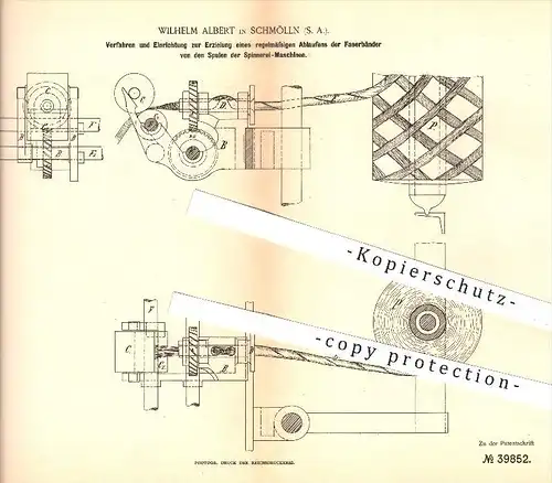 original Patent - Wilhelm Albert in Schmölln , 1886 , Ablaufen der Faserbänder von den Spulen der Spinnerei - Maschinen