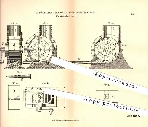 original Patent - G. Bäuerlein - Germann , Zürich - Unterstrass , 1889, Wurststopfmaschine , Wurst , Fleisch , Fleischer