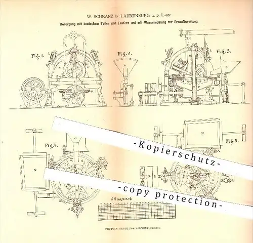 original Patent - W. Schranz in Laurenburg an der Lahn , 1880 , Kollergang zur Erzaufbereitung , Mühle , Mühlen , Erz !!