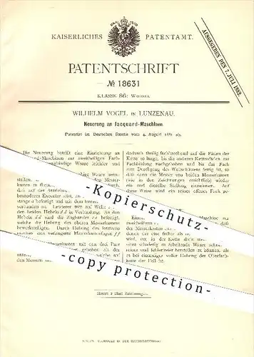 original Patent - Wilhelm Vogel in Lunzenau , 1881 , Jaquard - Maschinen , Weben , Weberei , Weber , Stoff , Stoffe !!!