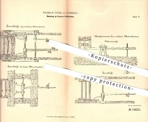 original Patent - Wilhelm Vogel in Lunzenau , 1881 , Jaquard - Maschinen , Weben , Weberei , Weber , Stoff , Stoffe !!!