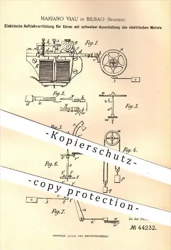 original Patent - Mariano Viau in Bilbao , Spanien , 1887 , Elektrische Aufziehvorrichtung für Uhren , Uhr , Uhmacher !!