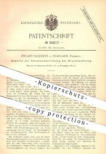 original Patent - E. Schoepfs , Stargard , Pommern , 1887 , Apparat zur Veranschaulichung der Bruchrechnung , Mathematik