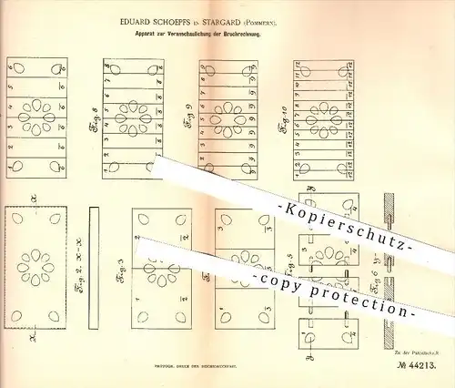 original Patent - E. Schoepfs , Stargard , Pommern , 1887 , Apparat zur Veranschaulichung der Bruchrechnung , Mathematik