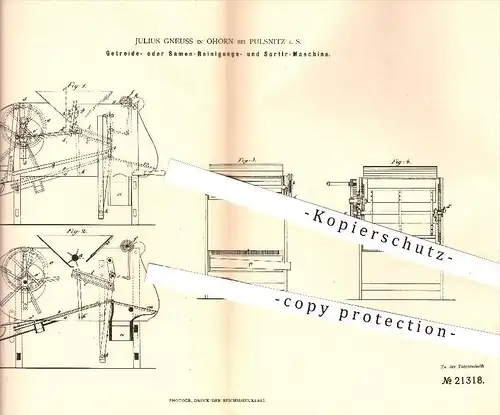 original Patent - Julius Gneuss , Ohorn , Pulsnitz , 1882 , Maschine zum Reinigen u. Sortieren von Getreide u. Samen !!!