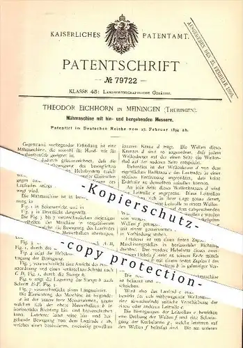 original Patent - Theodor Eichhorn in Meiningen , 1894 , Mähmaschine mit hin- und hergehenden Messern , Landwirtschaft !