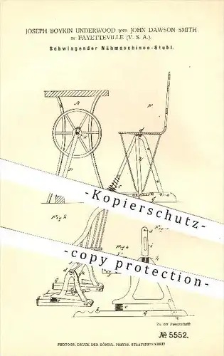 original Patent - J. Boykin Underwood , J. Dawson Smith , Fayetteville , USA , 1878 , Schwingender Nähmaschinen - Stuhl