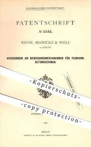 original Patent - Riehn, Meinicke & Wolf in Görlitz , 1878 , Bewegungsmechanismus an Feinkorn - Setzmaschinen , Erz !!!