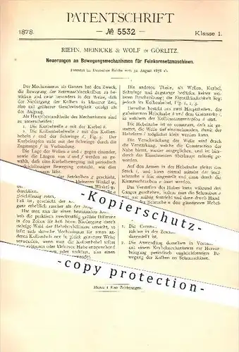 original Patent - Riehn, Meinicke & Wolf in Görlitz , 1878 , Bewegungsmechanismus an Feinkorn - Setzmaschinen , Erz !!!