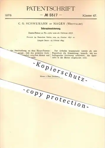 original Patent - C. G. Schwemann in Hagen , 1878 , Schraubensicherung , Schraube , Schrauben , Schlosser , Mutter !!!