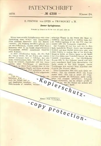 original Patent - E. Fischer - von Oven in Frankfurt am Main , 1878 , Zimmer - Springbrunnen , Brunnen , Brunnenbau !!!