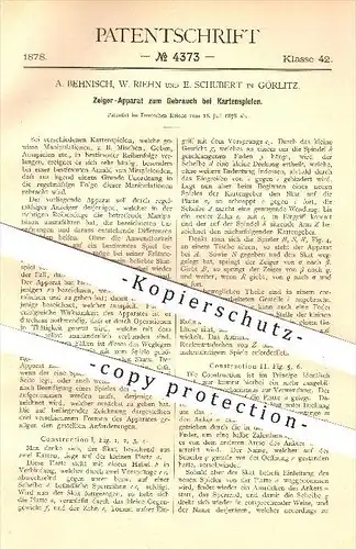 original Patent - A. Behnisch , W. Riehn , E. Schubert , Görlitz , 1878 , Zeiger - Apparat zum Kartenspielen , Skat !!