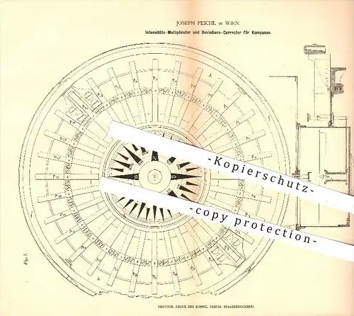 original Patent - J. Peichl , Wien , 1878 , Intensitäts - Multiplikator u. Deviations - Korrektor für Kompasse , Kompass