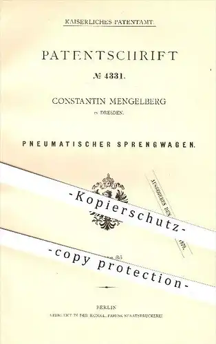 original Patent - C. Mengelberg , Dresden , 1878 , Pneumatischer Sprengwagen , Sprengwasser , Wasser , Wasserleitung !!!