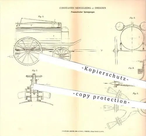 original Patent - C. Mengelberg , Dresden , 1878 , Pneumatischer Sprengwagen , Sprengwasser , Wasser , Wasserleitung !!!