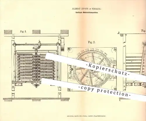 original Patent - Albert Zipser , Krakau , 1878 , Vertikale Mehlsichtemaschine , Mehl , Mühle , Mühlen , Müller , Mahlen