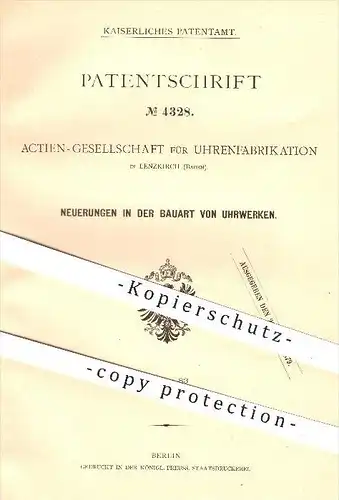 original Patent - AG Aktiengesellschaft für Uhrenfabrikation in Lenzkirch , Bauart vom Uhrwerk , Uhr , Uhren , Uhrmacher