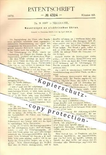 original Patent - Dr. M. Hipp in Neuchatel , 1878 , elektrische Uhr , Uhren , Uhrwerk , Uhrmacher , Zeit !!