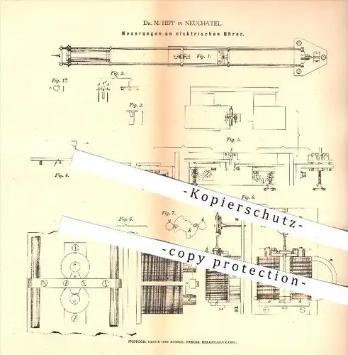 original Patent - Dr. M. Hipp in Neuchatel , 1878 , elektrische Uhr , Uhren , Uhrwerk , Uhrmacher , Zeit !!